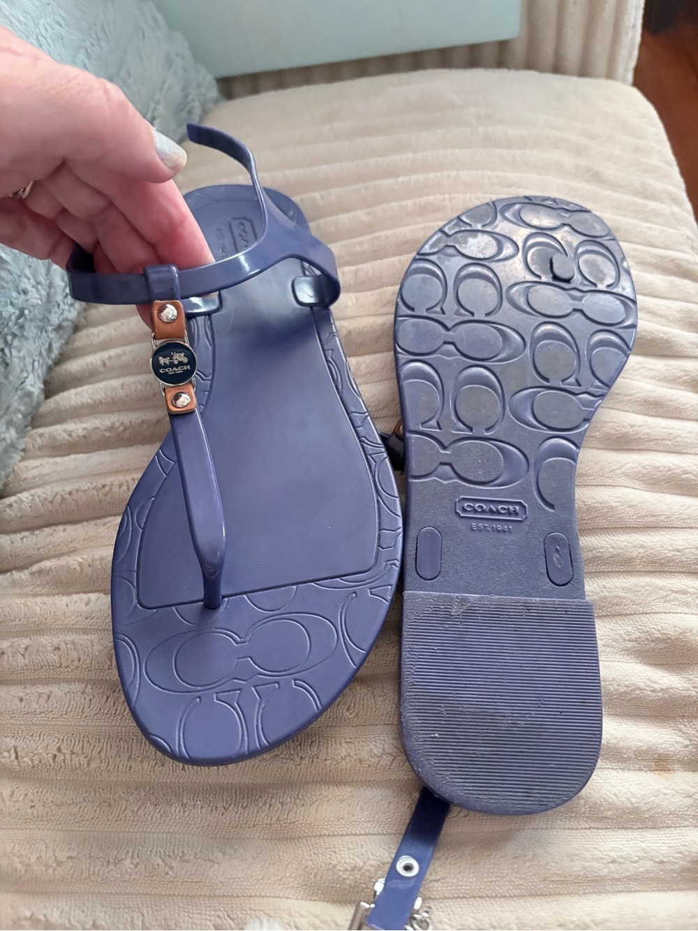 Coach Women’s Blue Jelly Thong Sandals with Signature Logo